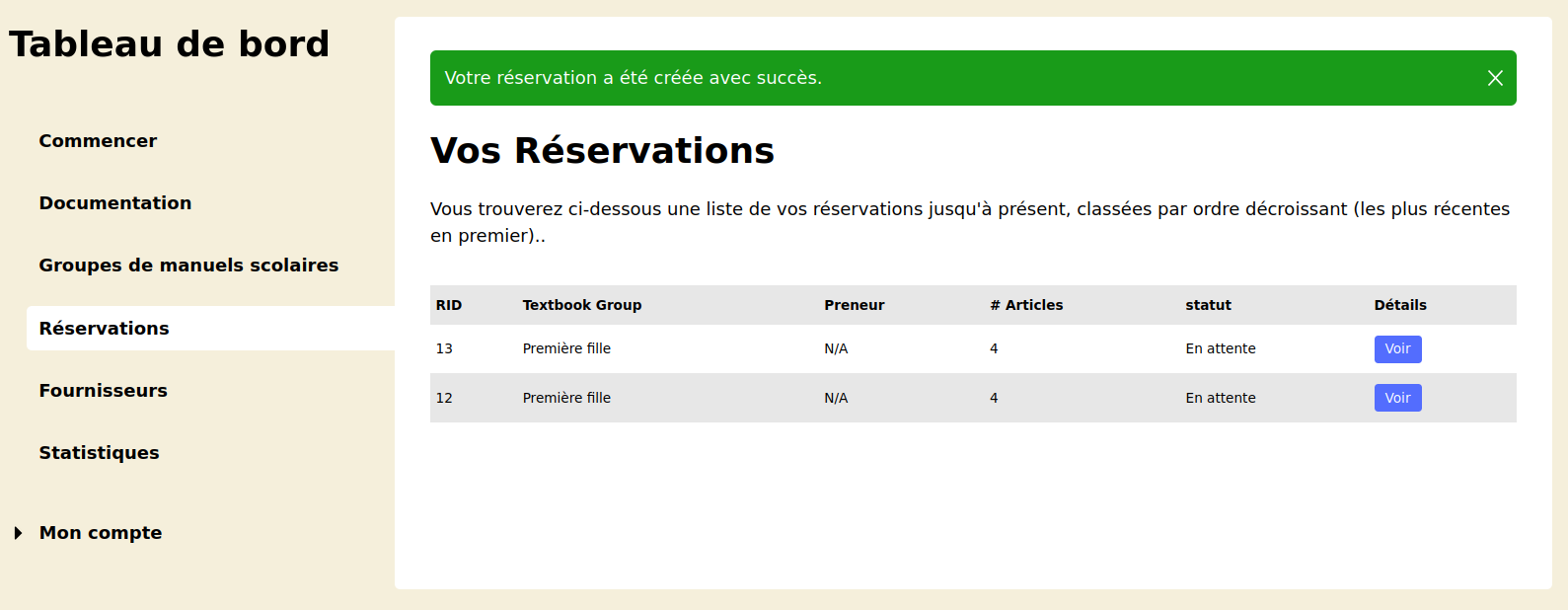 Customer reservations created page Customer reservations created page
