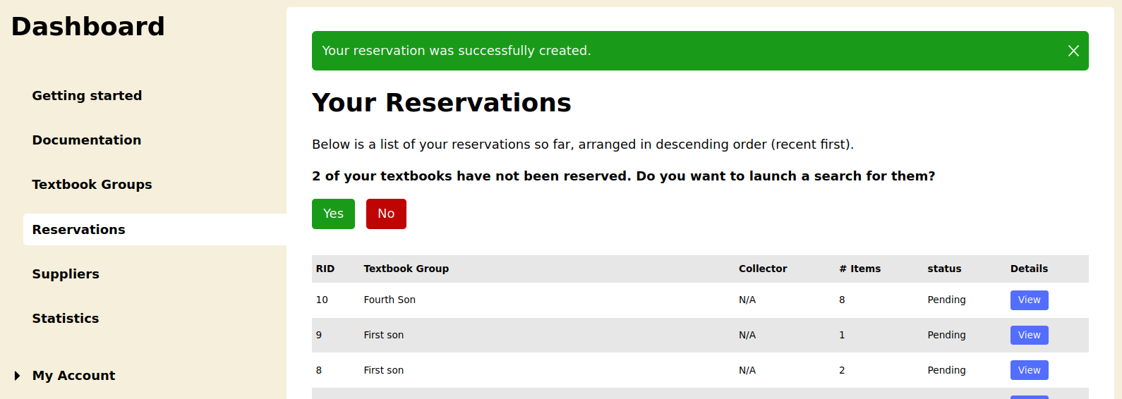 Customer reservations prompt page Customer reservations prompt page