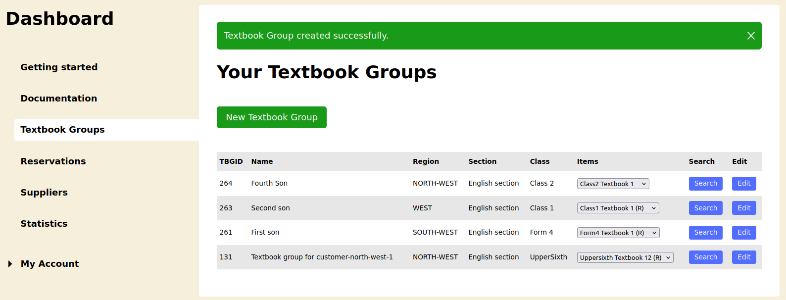 Customer textbook groups added page