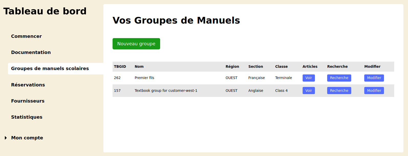Customer textbook groups page Customer textbook groups page