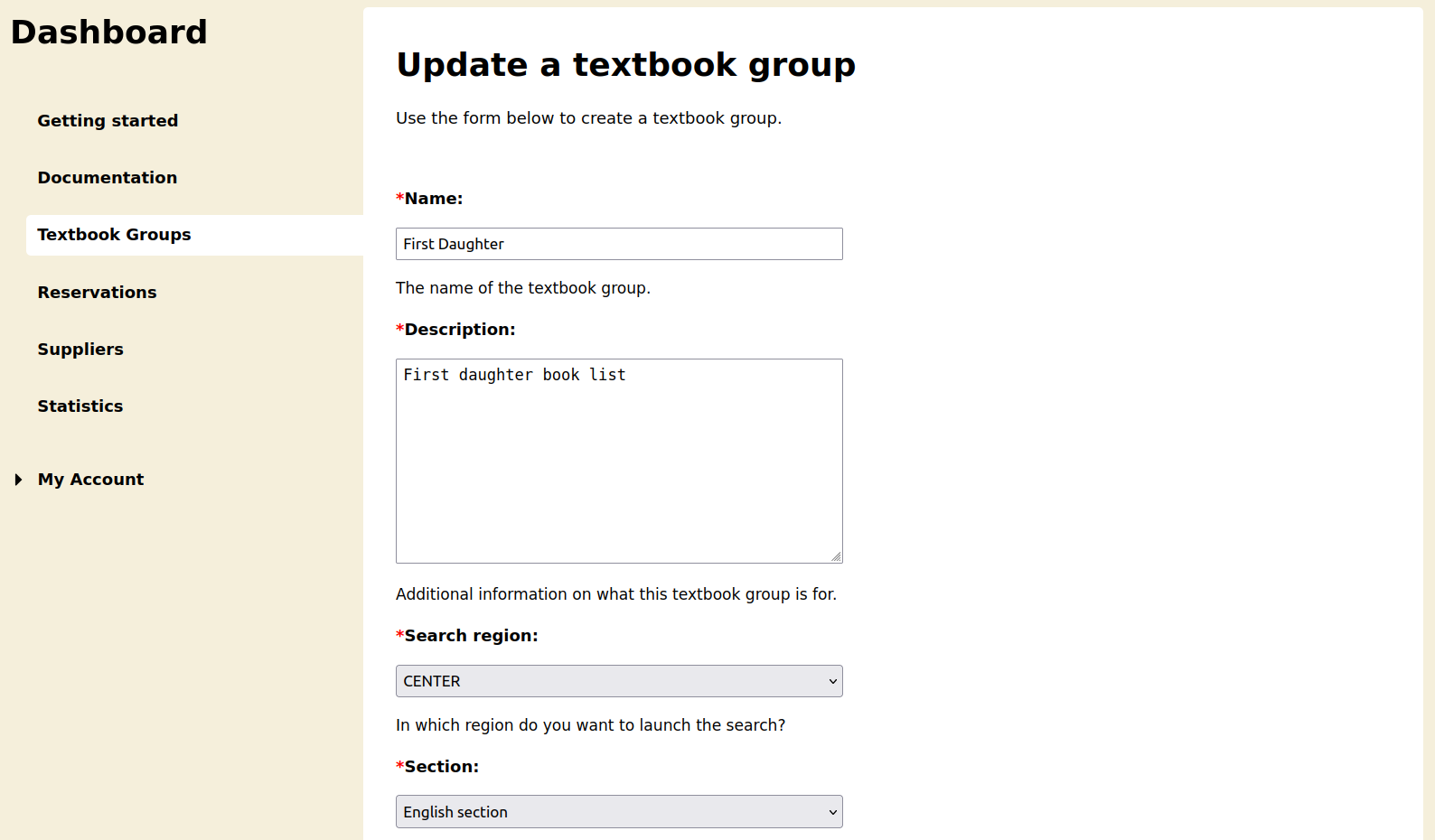 Customer textbook groups update page Customer textbook groups update page