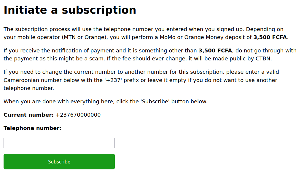 Initiating a subscription page Initiating a subscription page