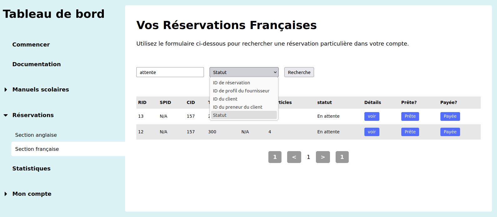 Supplier reservation search page Supplier reservations search page