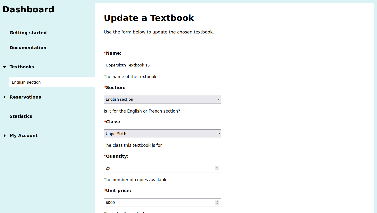 Supplier textbooks update page